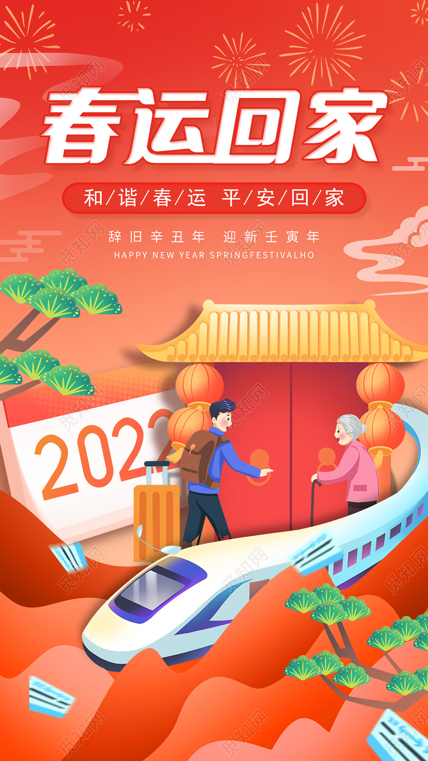 红色中国风2022年新年春运回家2022年春运宣传海报春运手机宣传