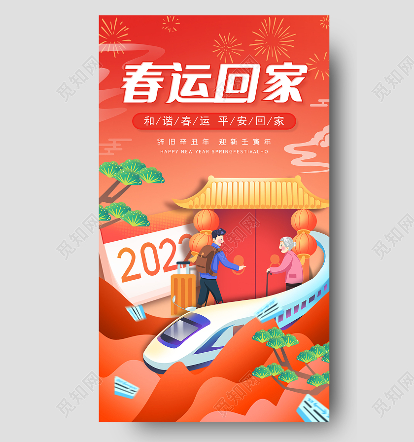 红色中国风2022年新年春运回家2022年春运宣传海报春运手机宣传