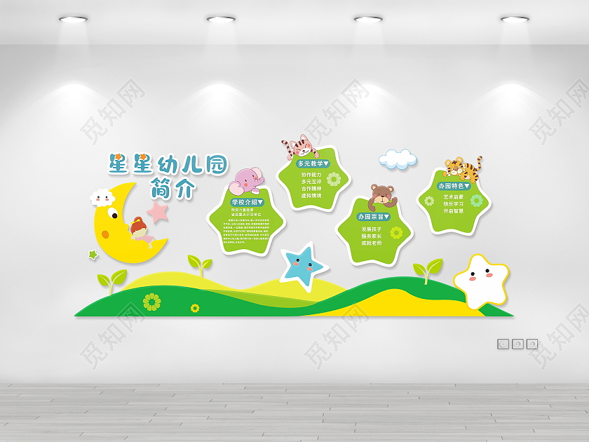 卡通绿色简约星星幼儿园简介文化墙