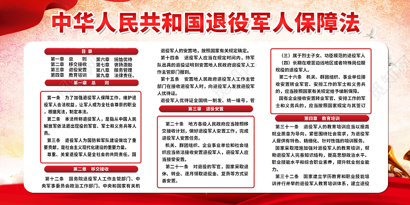 红色简约时尚大气军人保障展板退役军人保障法