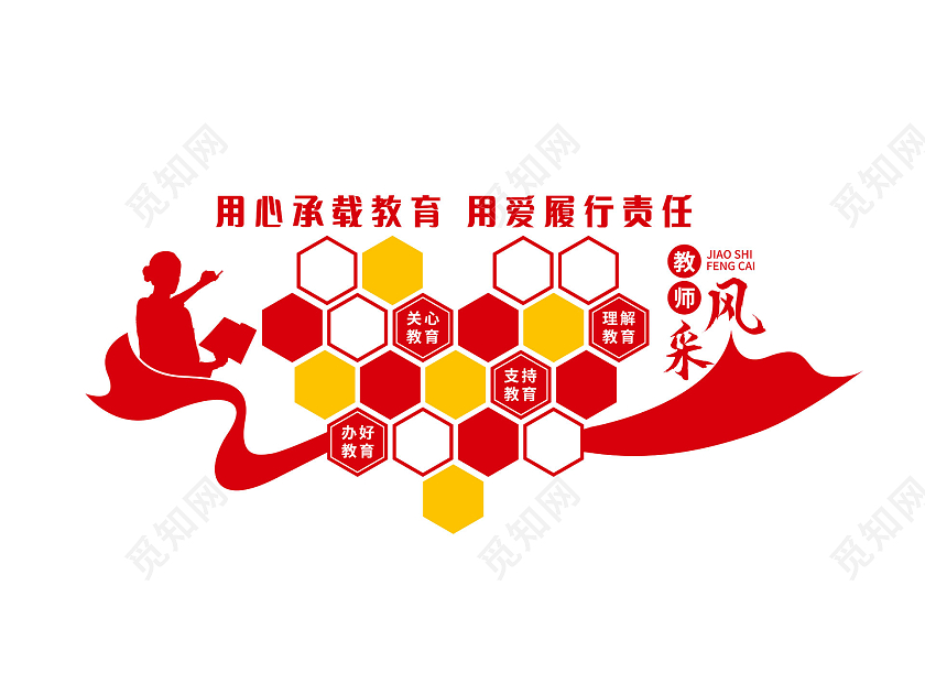 红色简约剪影风用心承载教育用爱履行责任教师风采文化墙