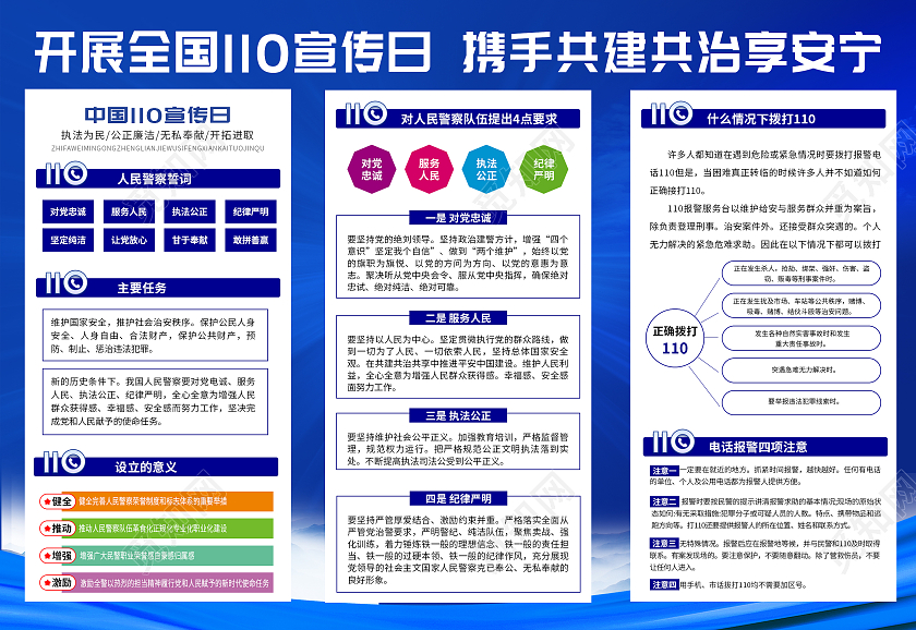 蓝色简约中国人民警察节三折页110宣传日中国人民警察节折页