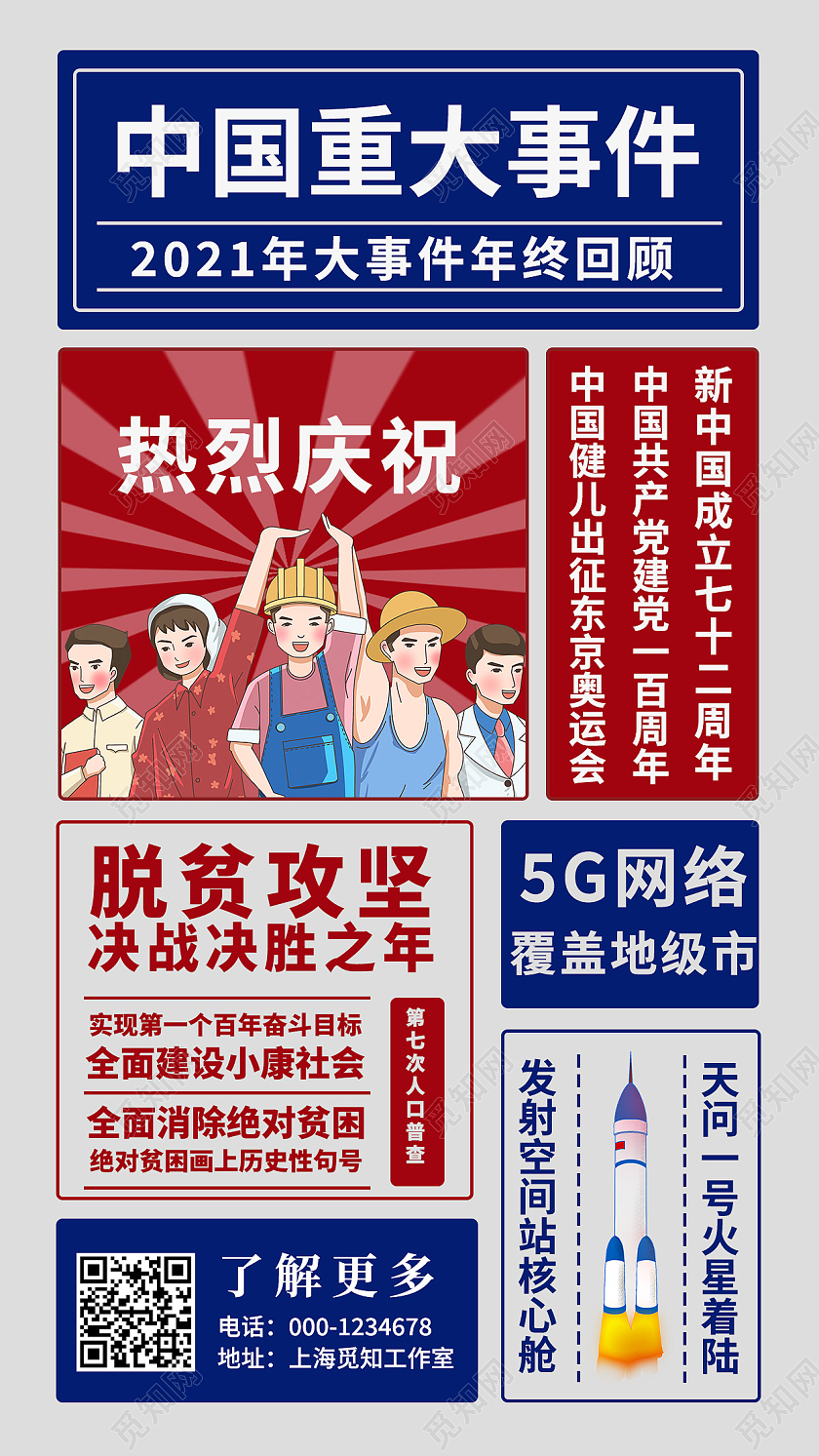 红蓝背景复古国风中国重大事件2021大事件手机文案海报