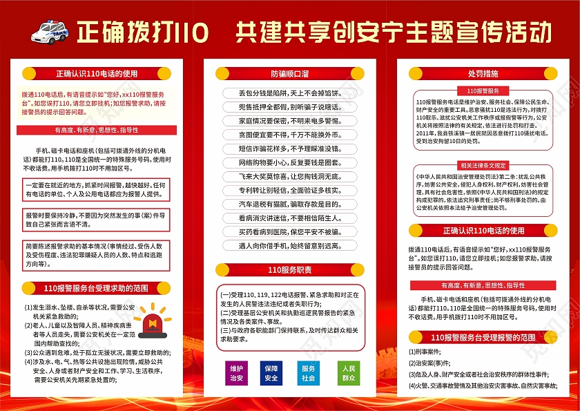 红色简约全国110宣传日警察节三折页110宣传日中国人民警察节