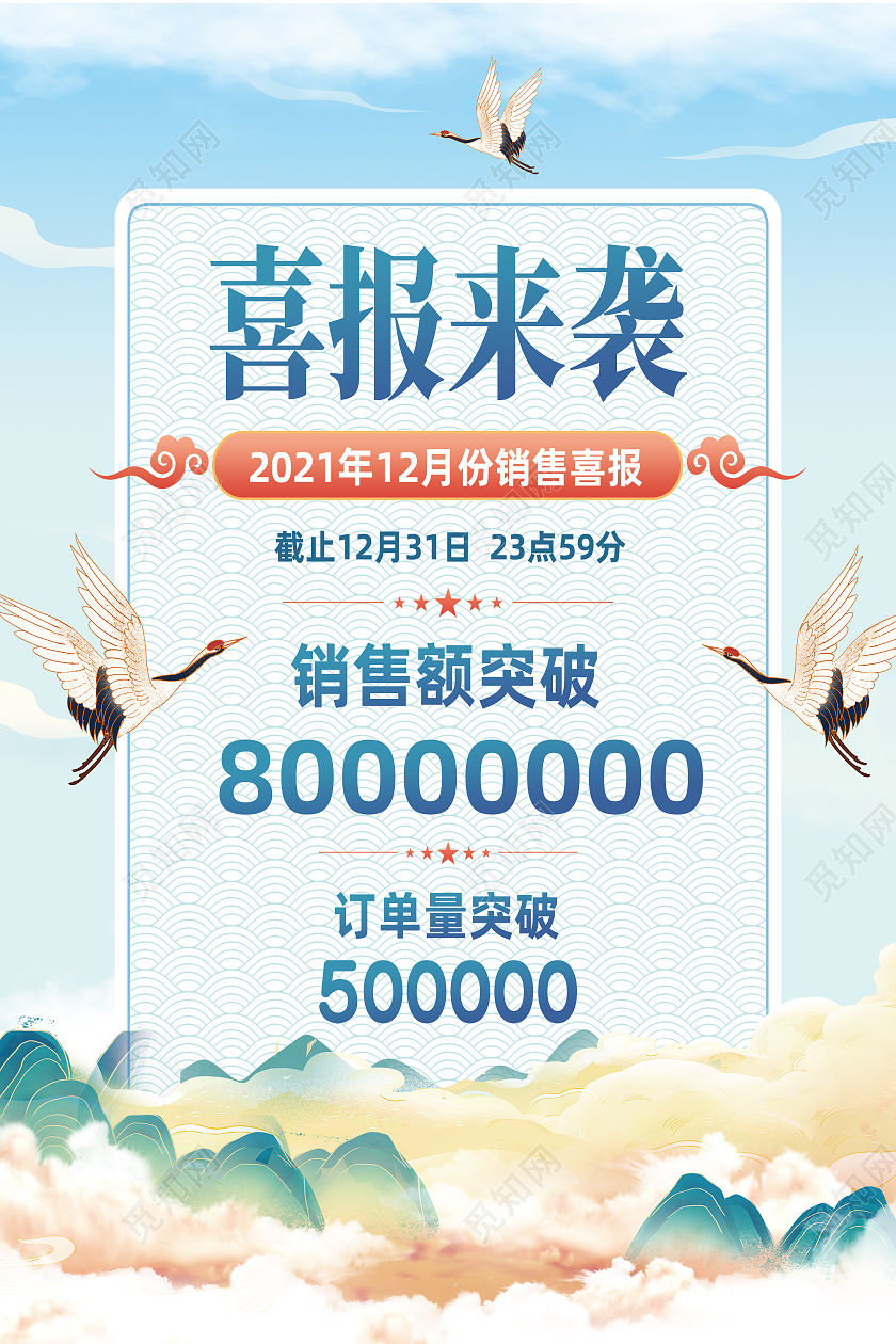 蓝色简约喜报来袭成交额喜报国潮海报