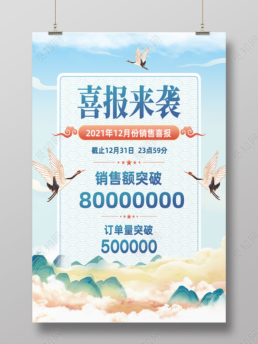 蓝色简约喜报来袭成交额喜报国潮海报