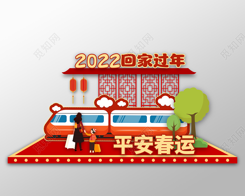 红色喜庆2022回家过年平安春运高铁春运美陈