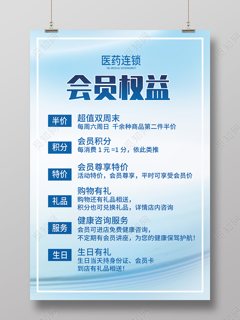 蓝色小清新医药会员权益活动海报
