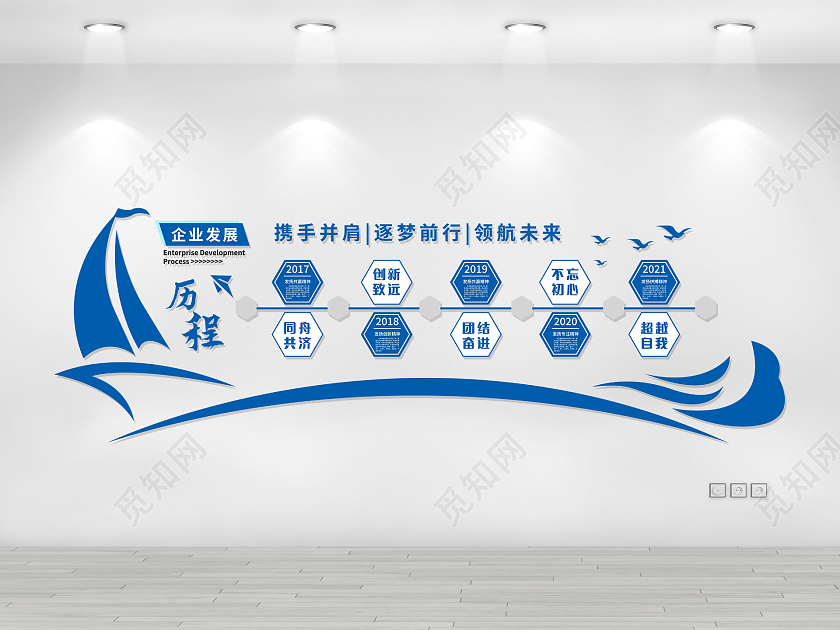 蓝色简约携手并肩逐梦前行领航未来企业发展历程文化墙