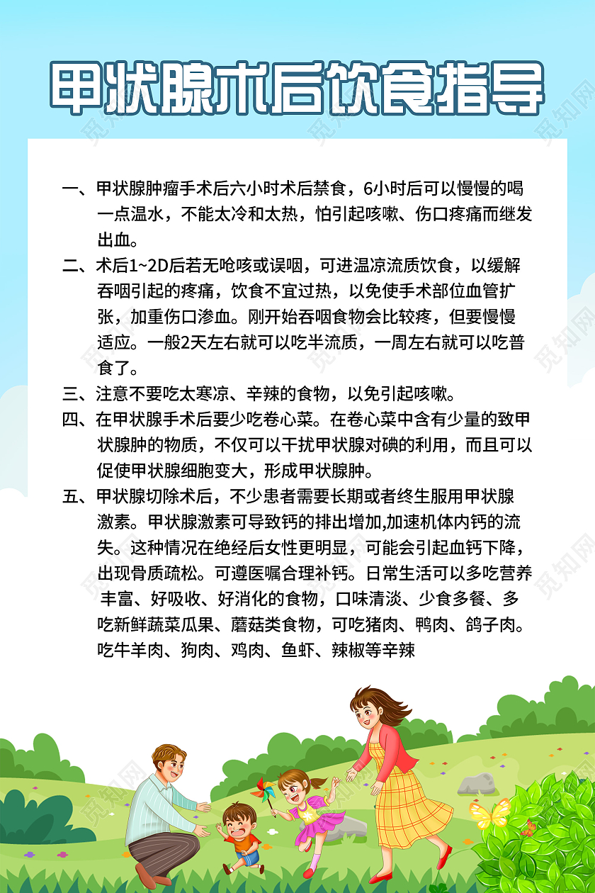 蓝色卡通甲状腺术后饮食指导宣传海报