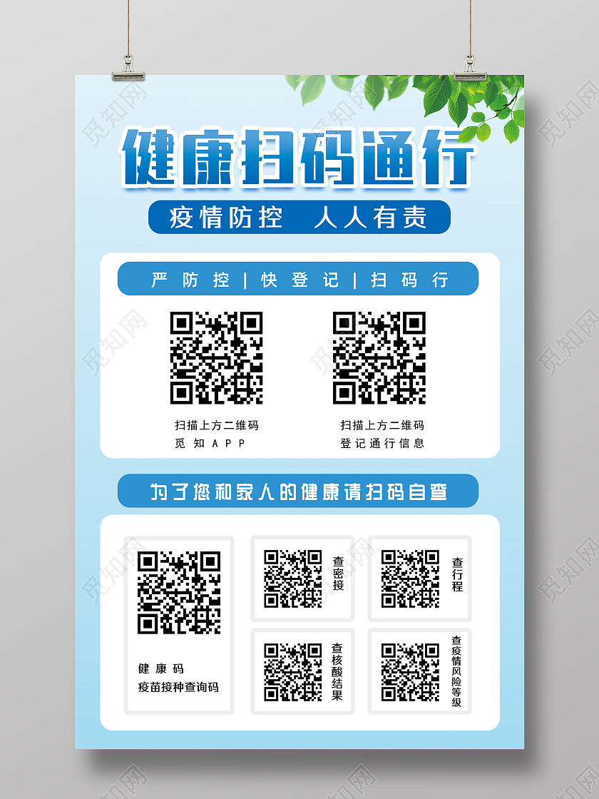 蓝色简约疫情防控人人有责健康扫码通行健康码行程码海报健康码行程码展架