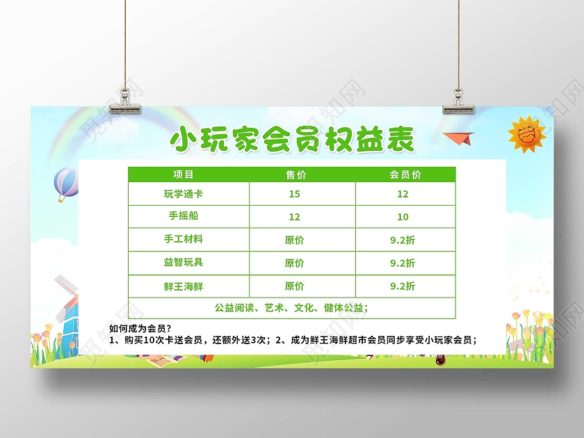 蓝色卡通小玩家会员权益表宣传展板