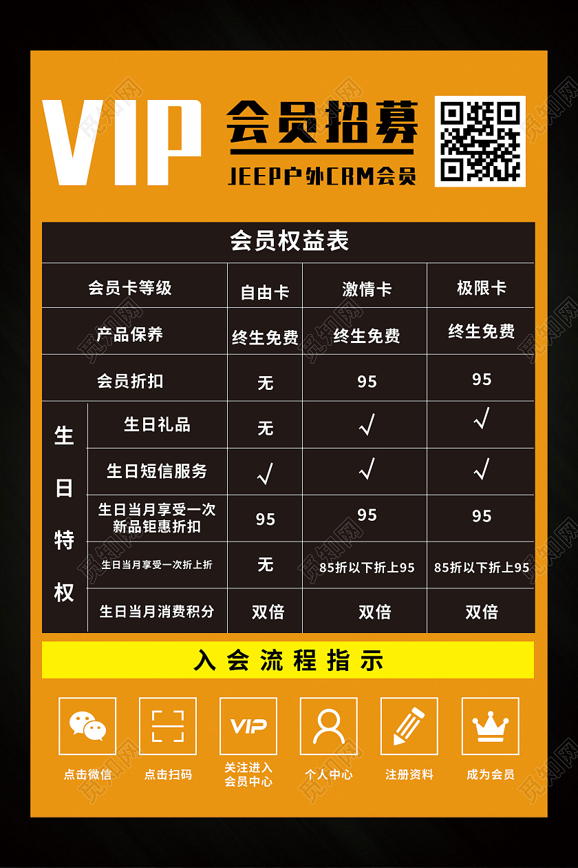 橙色简约VIP会员招募宣传活动海报会员权益