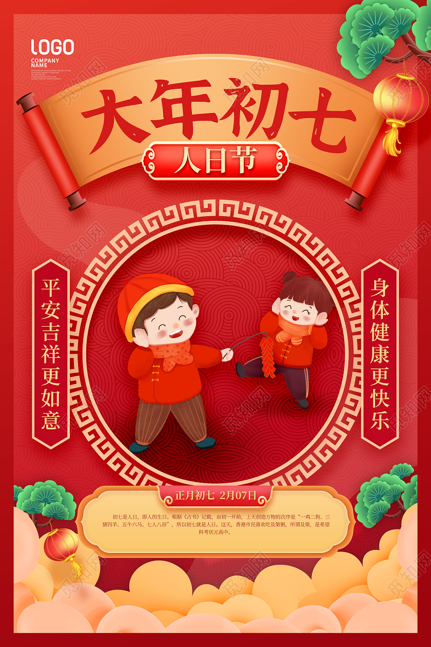 红色春节大年初七春节习俗手机宣传海报初一至初七2022新年虎年春节习俗