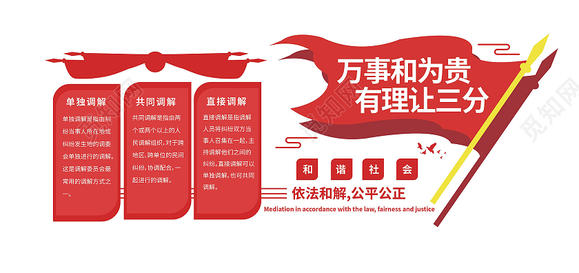 红色创意大气万事和为贵有礼让三分调解室文化墙