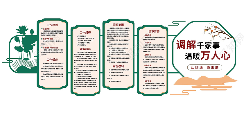 绿色创意中国风调解千万家温暖万人心文化墙设计调解室文化墙