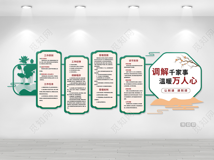 绿色创意中国风调解千万家温暖万人心文化墙设计调解室文化墙