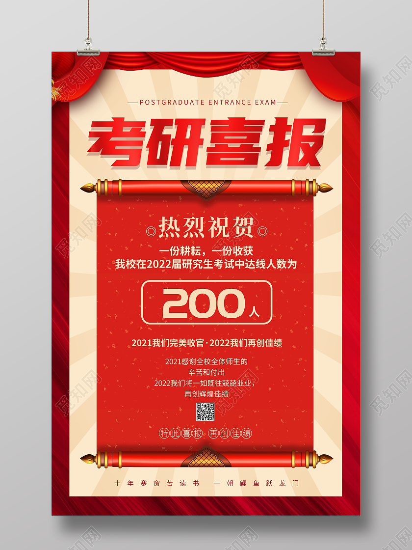 红色创意喜庆简约大气2022考研喜报宣传海报
