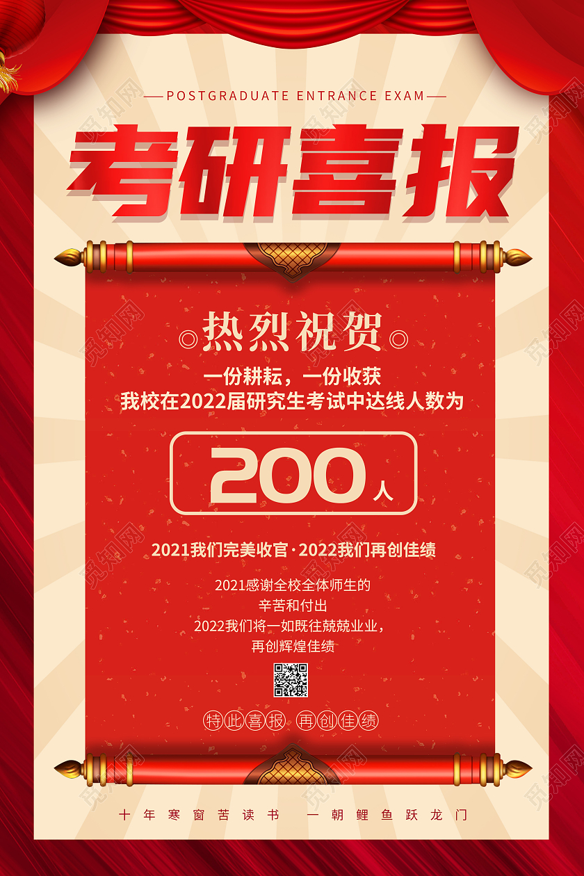 红色创意喜庆简约大气2022考研喜报宣传海报