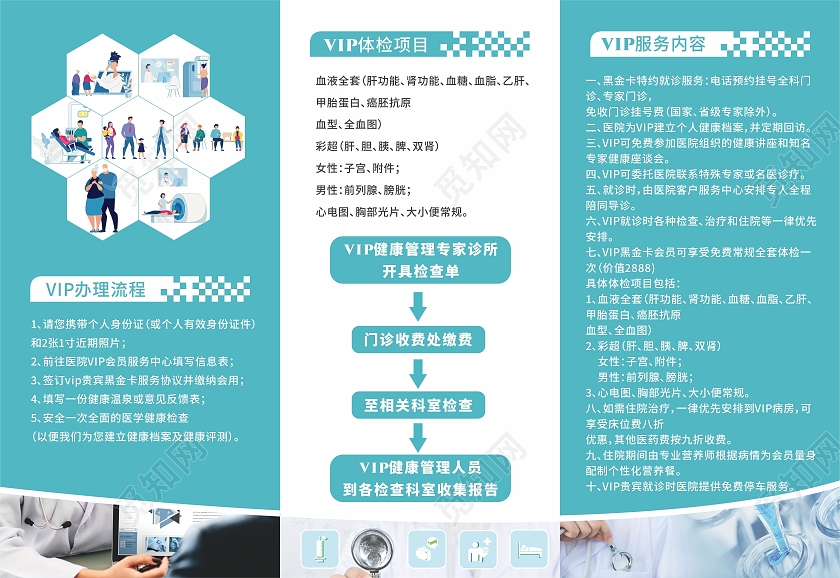 蓝色医疗会员卡宣传三折页海报宣传单医院贵宾服务卡医疗保健