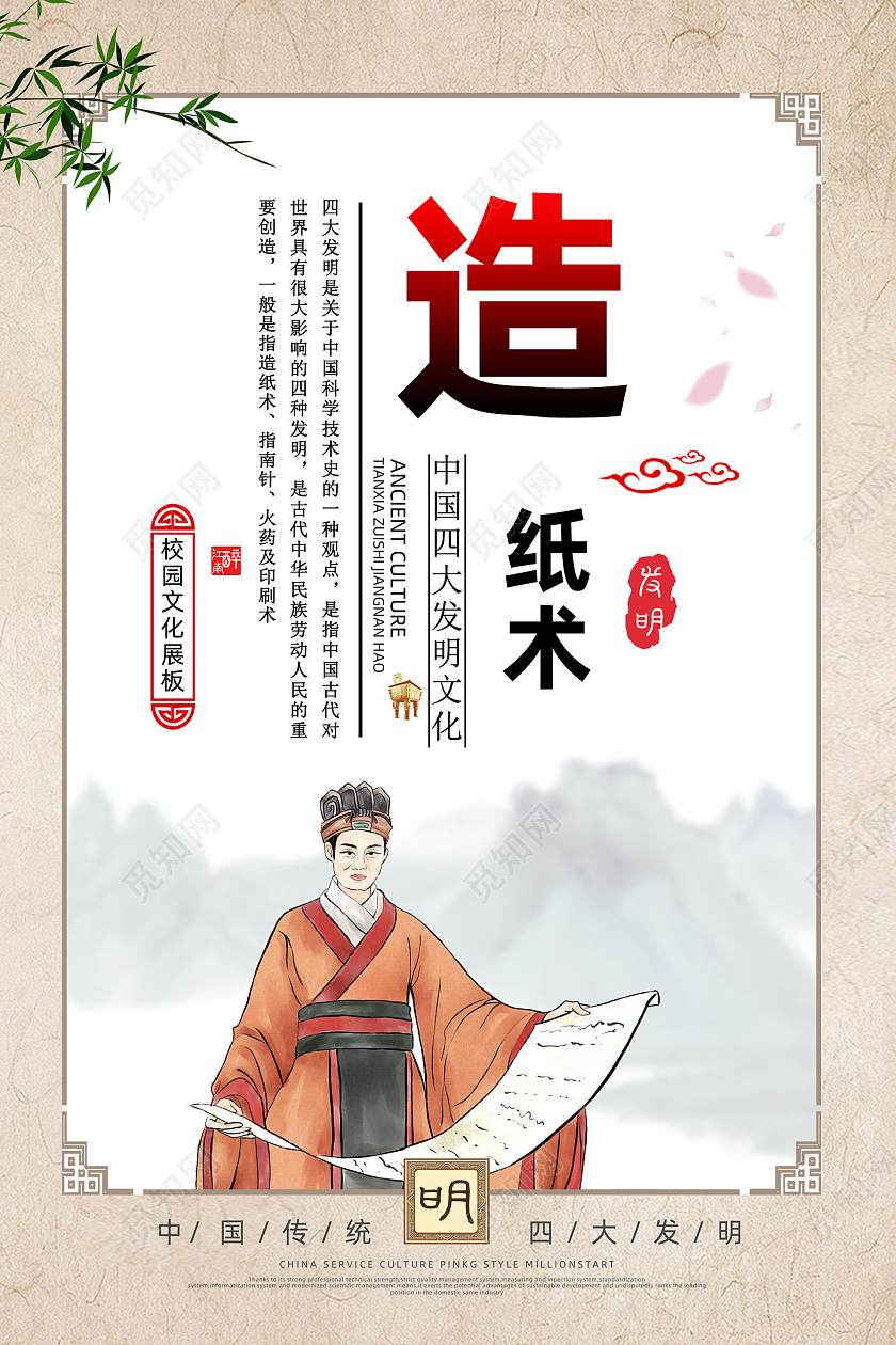 古风水墨中国风四大发明 造纸术海报四大发明海报