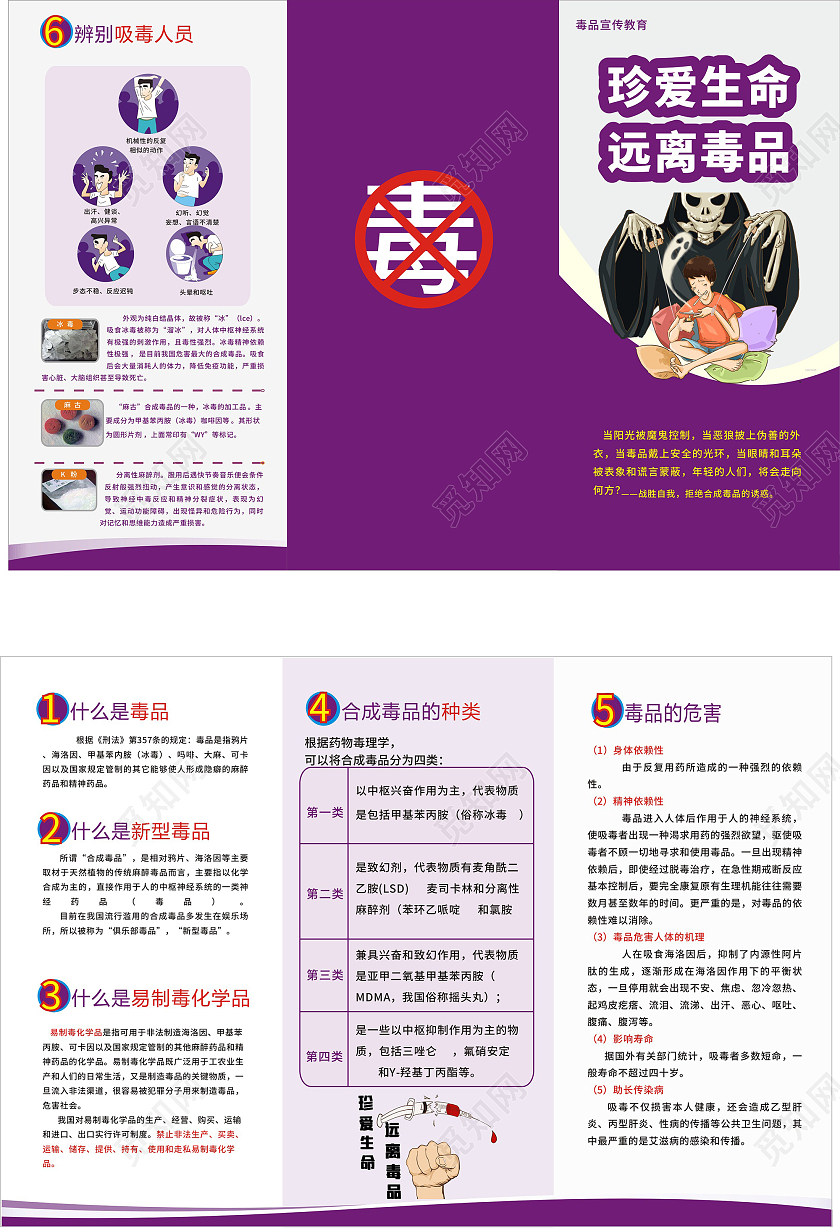 紫色大气简约禁毒三折页珍爱生命远离毒品