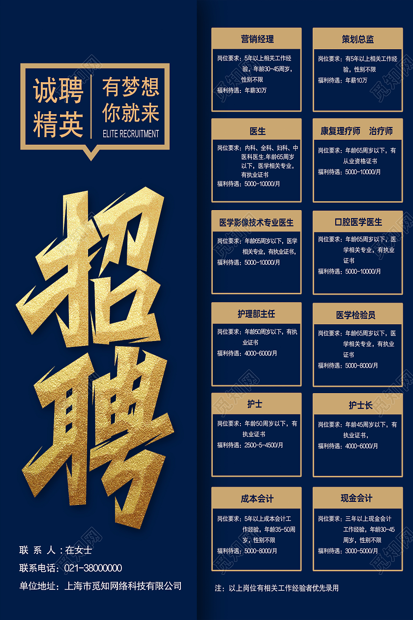 蓝色简约招聘诚聘精英医院招聘海报