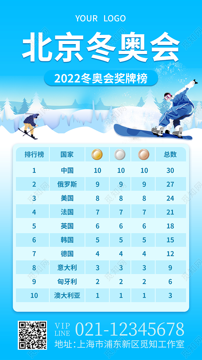 蓝色插画北京冬奥会冬奥会奖牌榜手机文案海报