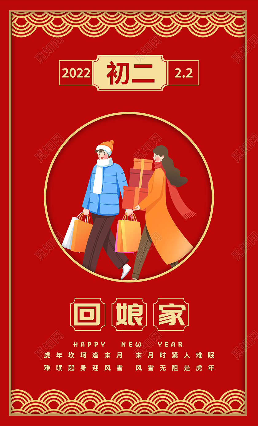 红色简约大气2022春节习俗套图大年初一至大八春节套图