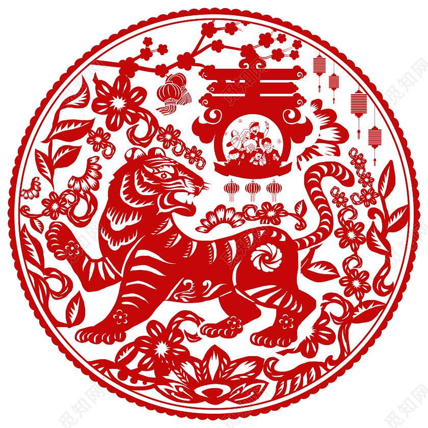 红色简约2022春节春虎年虎新年窗花虎年新年地贴