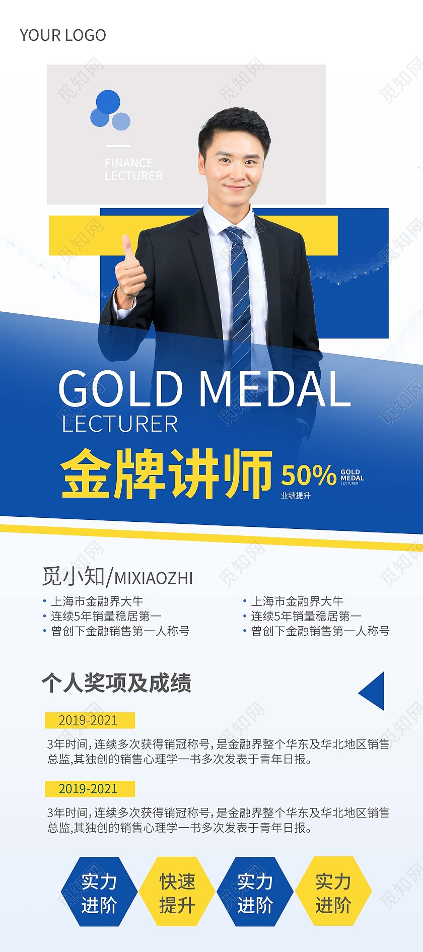 蓝色简约风金牌讲师个人奖项与成绩易拉宝个人展架