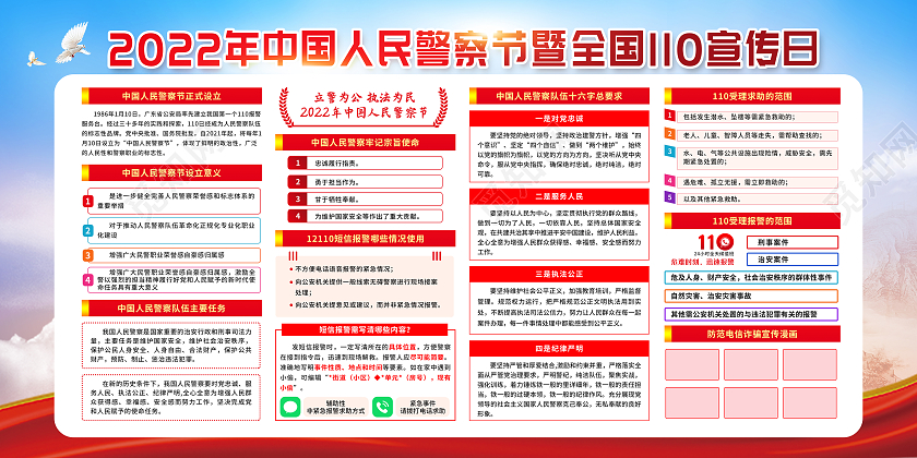 红色简约水彩人民警察节宣传栏110宣传日中国人民警察节