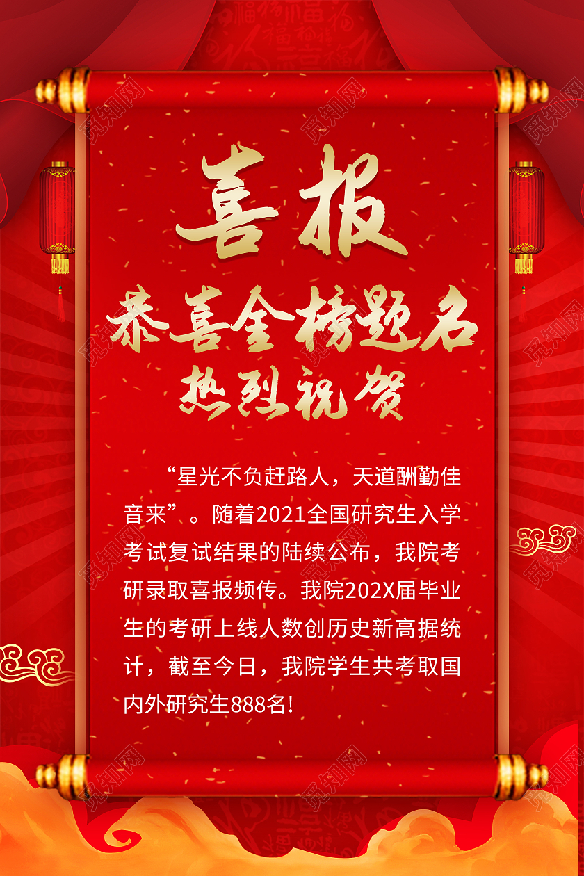 红色喜庆大气创意金榜题名喜报金榜题名海报考研喜报海报