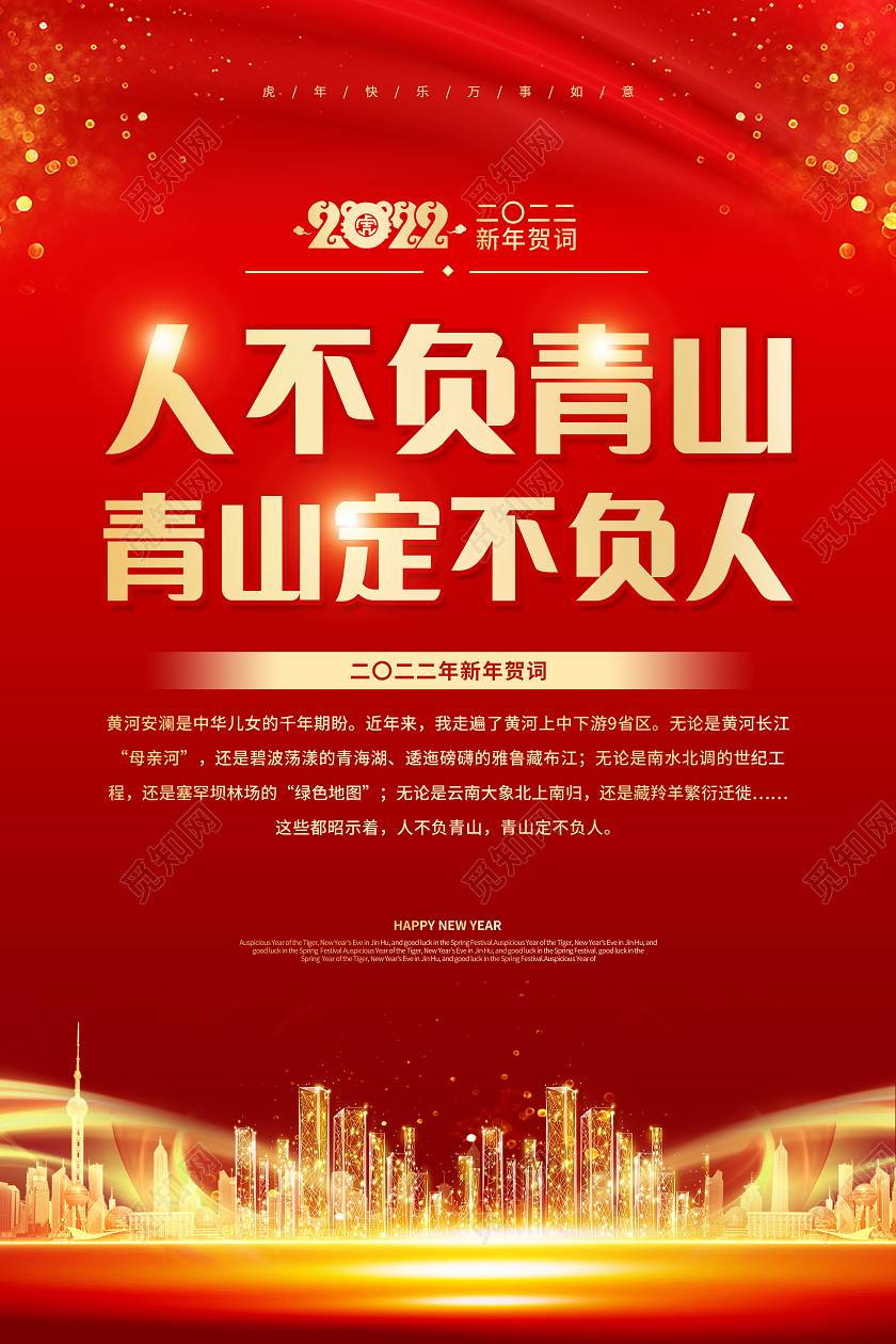 红色简约背景二零二二年新年贺词套图2022新年贺词