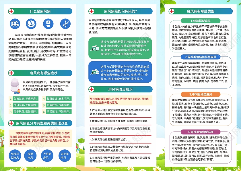 蓝色卡通关爱麻风患者消除社会歧视世界防治麻风病日三折页世界世界防治麻风病日折页
