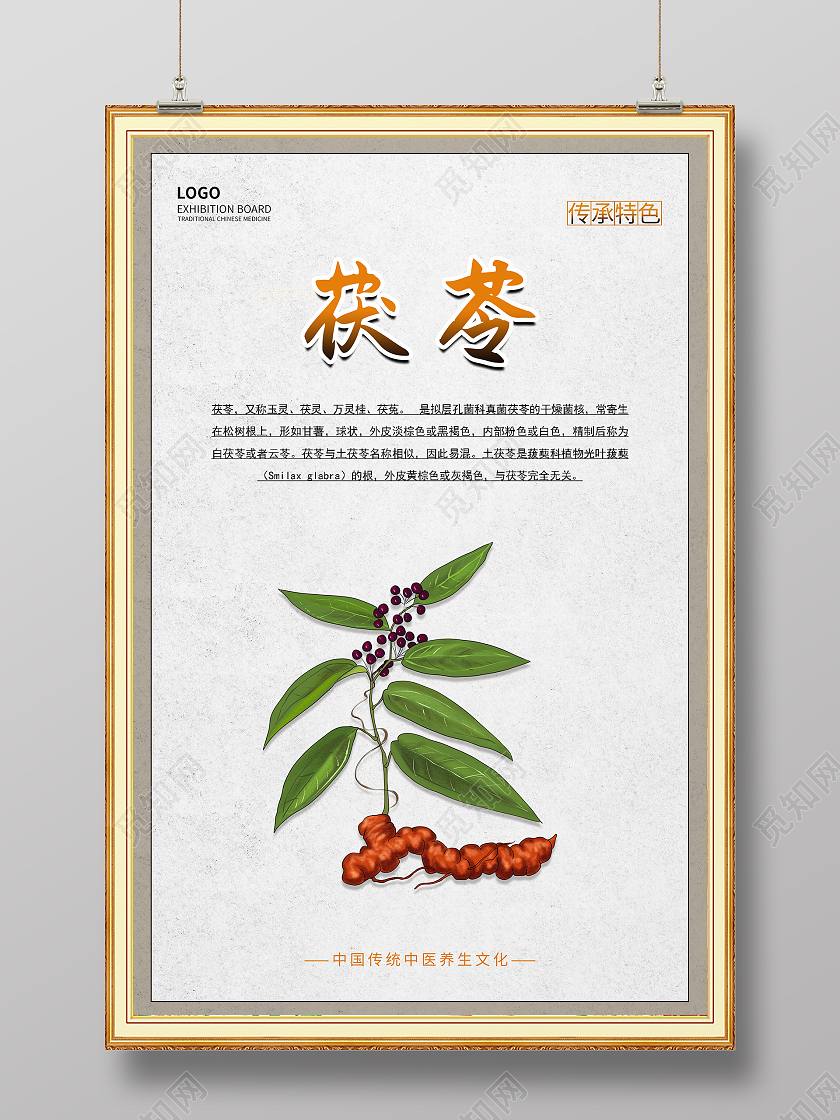 纸质背景组相框大气中国风茯苓中药海报茯苓海报