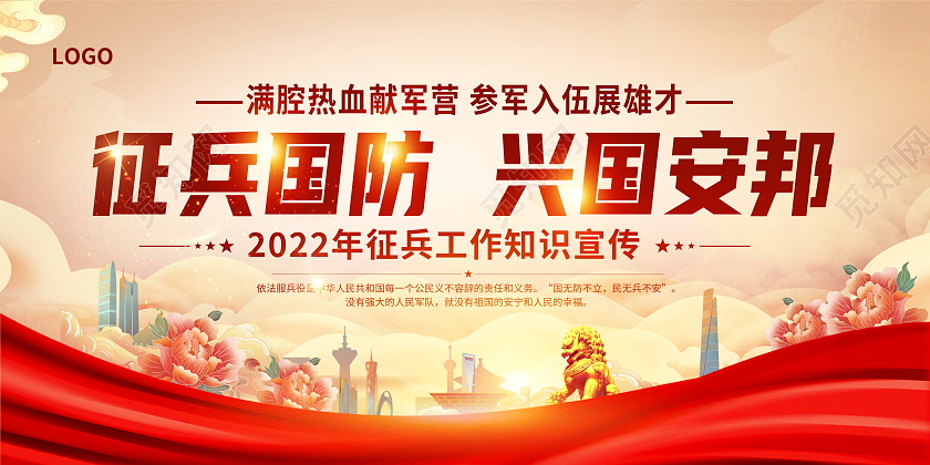 国潮风格征兵国防兴国安邦2022征兵参军党建宣传展板