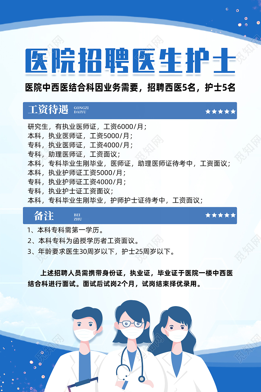 蓝色简约医院招聘医生护士医院招聘海报