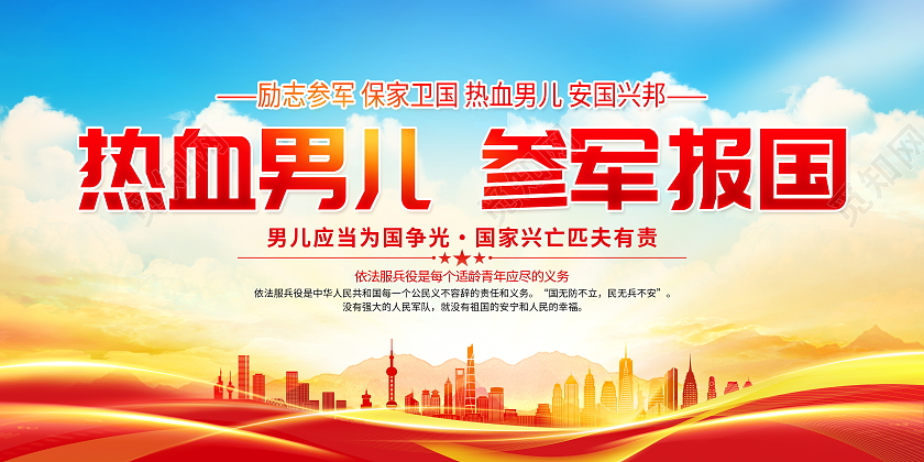 时尚大气热血男儿参军报国2022征兵参军党建宣传展板