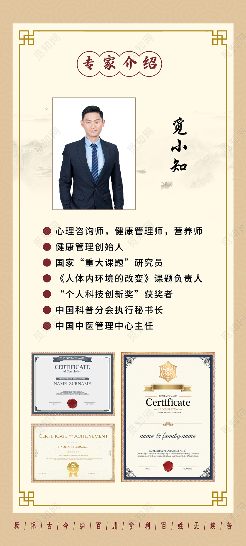 黄色中式专家介绍个人简介宣传展架易拉宝个人展架