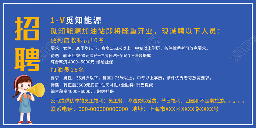 蓝色简约招聘加油站人员宣传展板加油站招聘