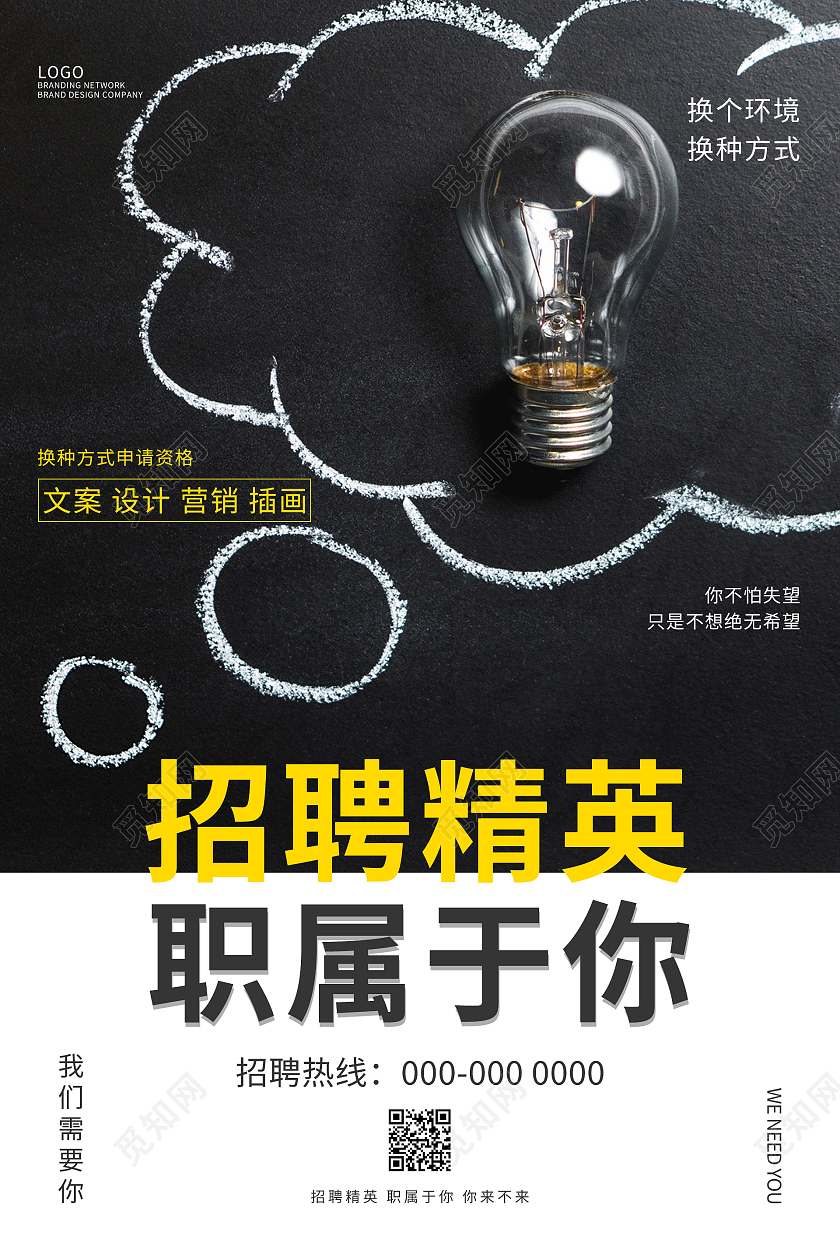 黑色简约大气招聘经验职等你来招聘海报设计客服招聘海报
