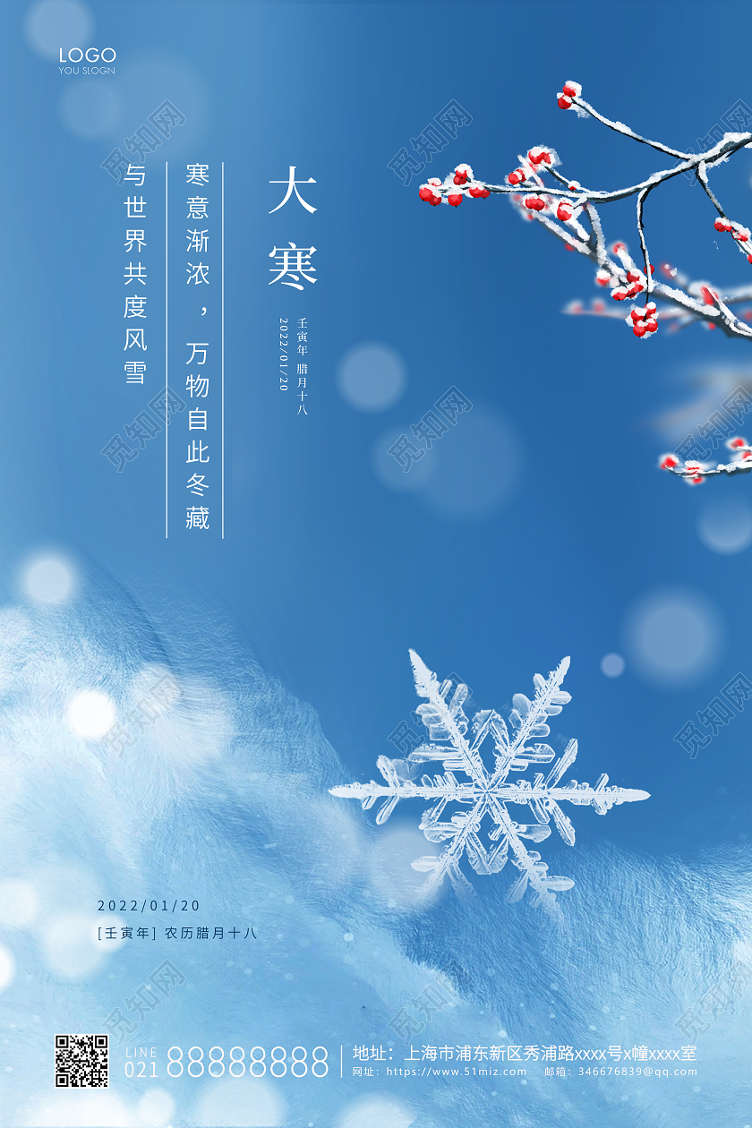 蓝色简约二十四节气大寒海报大寒海报