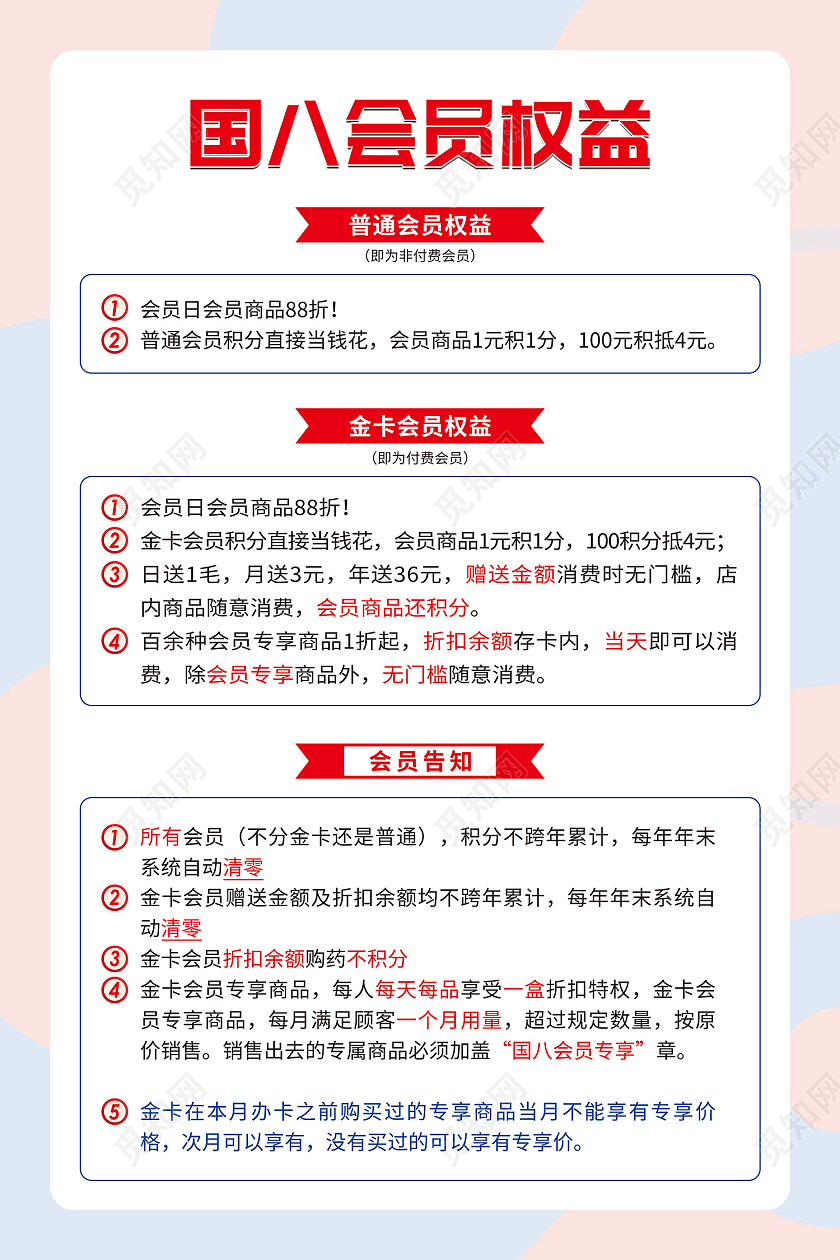 粉色蓝色简约清新几何国八会员权益海报