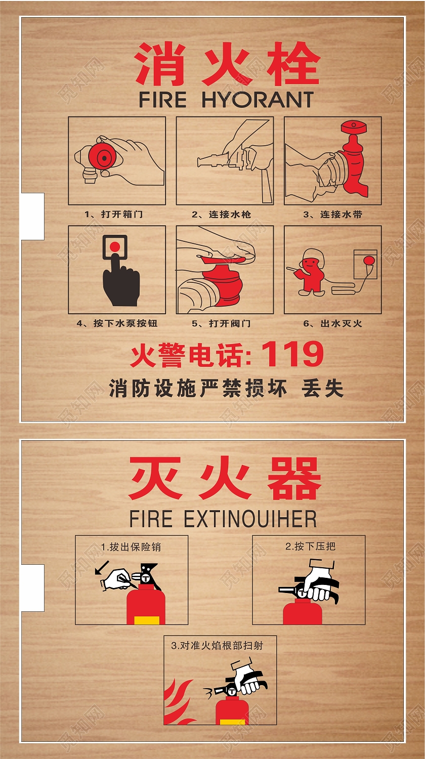 米色简约地板消火栓灭火器使用方法海报背景消防栓灭火器使用方法