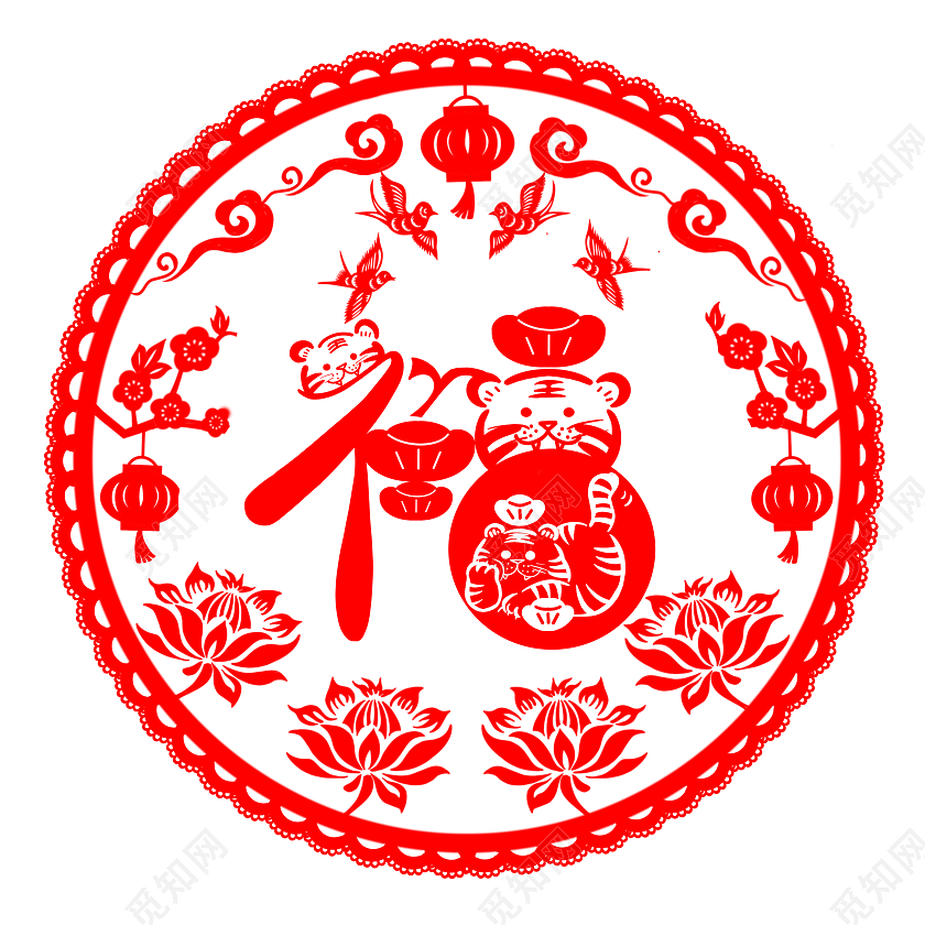 红色简约虎年窗花福春虎年大吉虎年吉祥恭贺新春虎年新年地贴