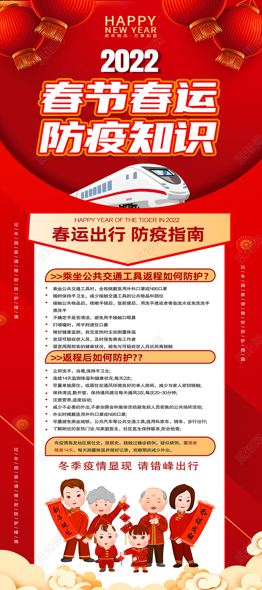 红色简约春节春运防疫知识春运防疫展架易拉宝