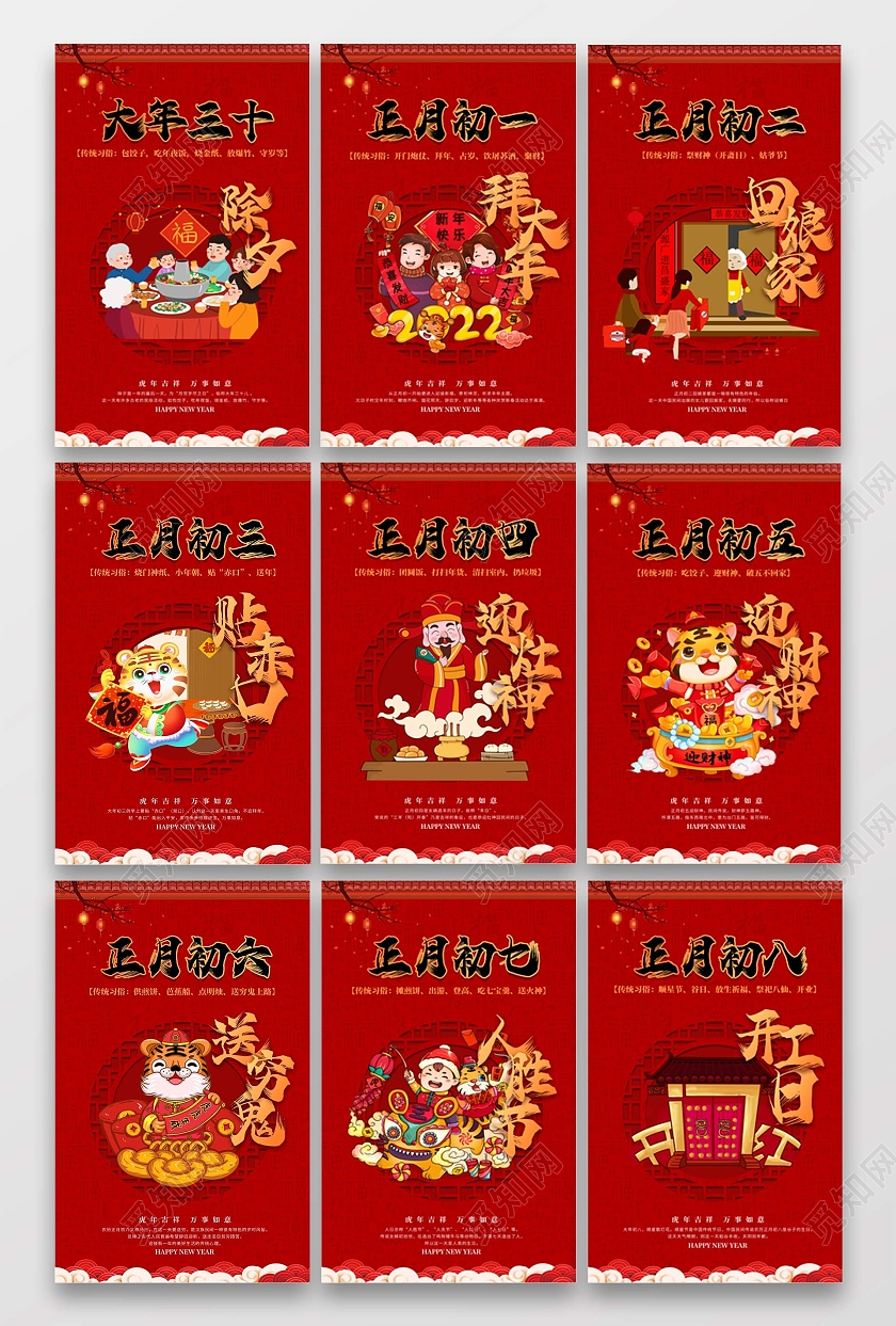 红色喜庆2022新年大年初一初二初六初八习俗海报春节习俗