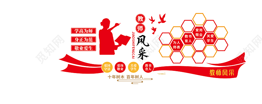 红色简约优秀教师文化墙教师风采墙文化墙