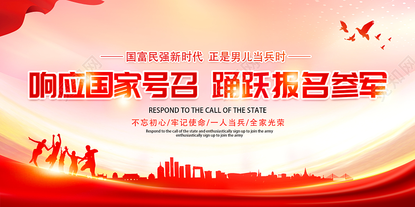 红色大气响应国家号召踊跃报名参加征兵展板设计